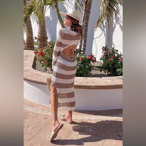 RIVER ISLAND Cream and Tan Striped long sleeve open back Swim Coverup size L - Picture 2 of 16
